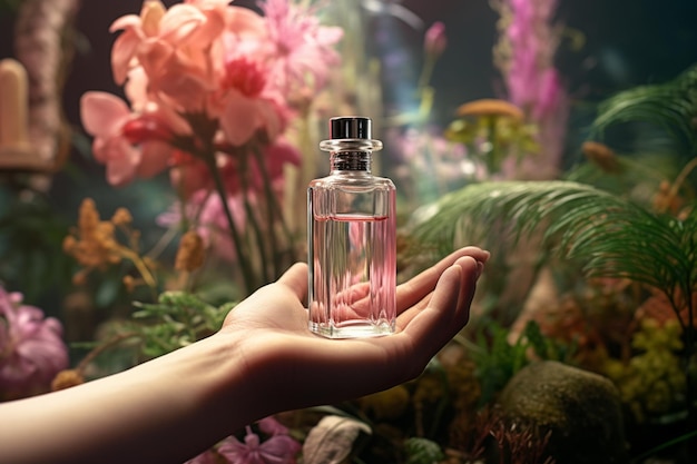 Hand hält eine Parfümflasche auf einem Hintergrund voller Blumen