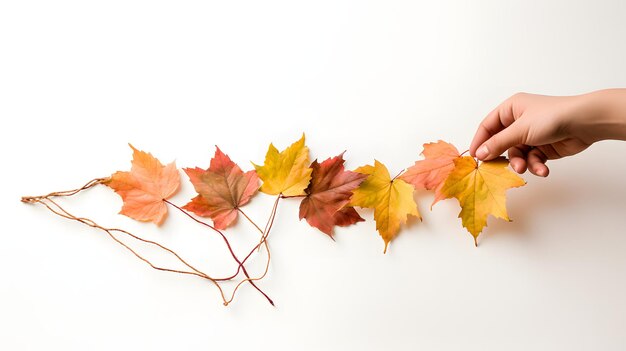 Foto hand hält eine schnur von herbstblättern auf weißem hintergrund