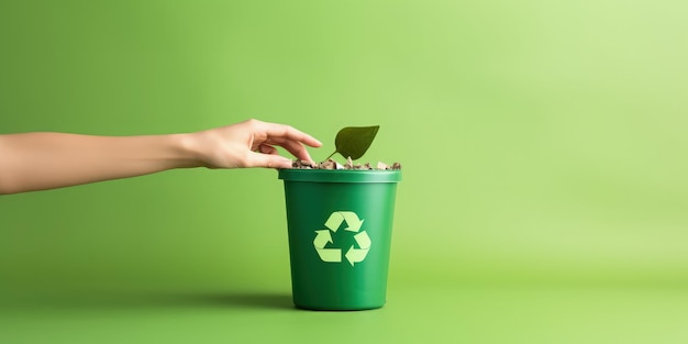 Foto hand hält einen recycling-mülleimer vor grünem hintergrund. konzept für recycling und erneuerbare energien