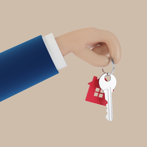 Hand hält einen Schlüssel mit einem Schlüsselbund. Vorlage für den Kauf oder die Miete von Wohnraum. 3D-Darstellung.