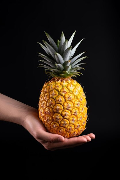 Hand hält frische Ananas isoliert auf schwarzem Hintergrund