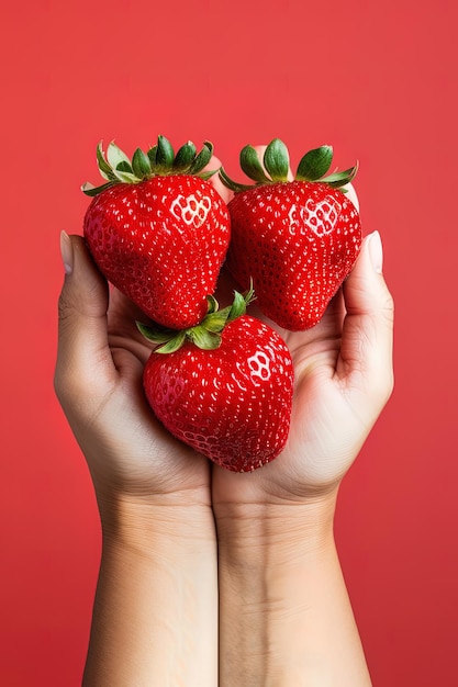 Hand hält frische Erdbeeren isoliert auf rotem Hintergrund