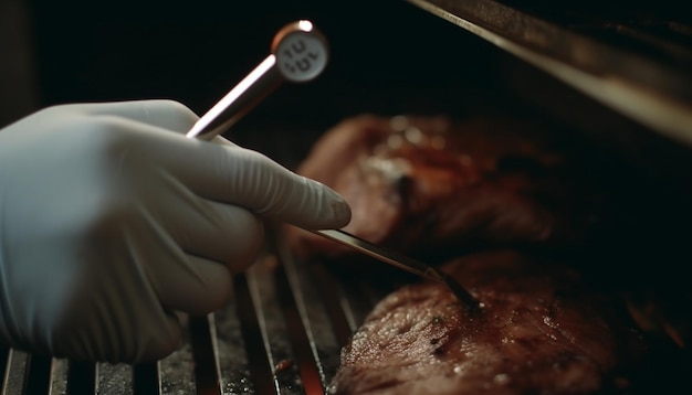 Hand hält gegrilltes Fleisch und bereitet ein von KI erzeugtes Gourmet-Menü zu