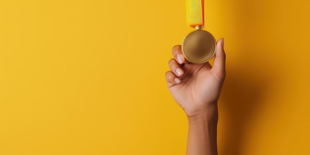 Hand hält Goldmedaille-Wettbewerbskonzept gelber Hintergrund Generative KI