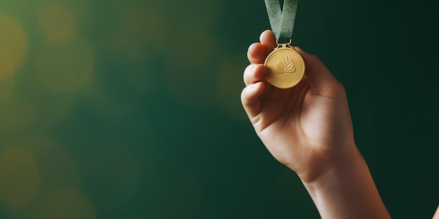 Hand hält Goldmedaille-Wettbewerbskonzept grüner Hintergrund Generative KI