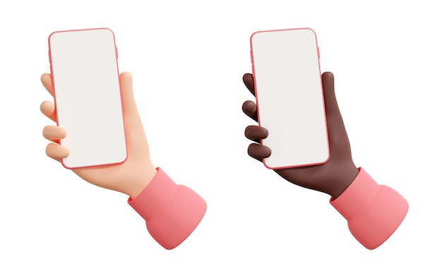 Foto hand hält handy 3d-render-illustration set menschliche hand mit telefon mit leerem bildschirm