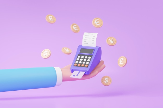 Hand hält Kartenzahlungsterminal POS-Terminal Online-Shopping Geldmünzen Pfund Yen Euro-Dollar-Währung schwebend auf violettem Hintergrund Transaktion 3D-Rendering-Illustration Minimaler Cartoon