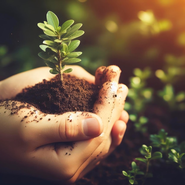 Hand hält kleinen Baum für die Pflanzung Konzept grünen Welt-Erde-Tag ai generative