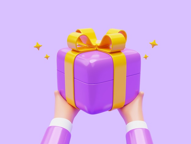 Hand hält lila Geschenkbox vorhanden Gruß Geburtstag Überraschung Weihnachten Valentinstag Feier Symbol 3D-Darstellung