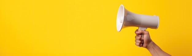 Hand hält Megafon auf gelbem Hintergrund für Textförderung und Werbekonzept KI