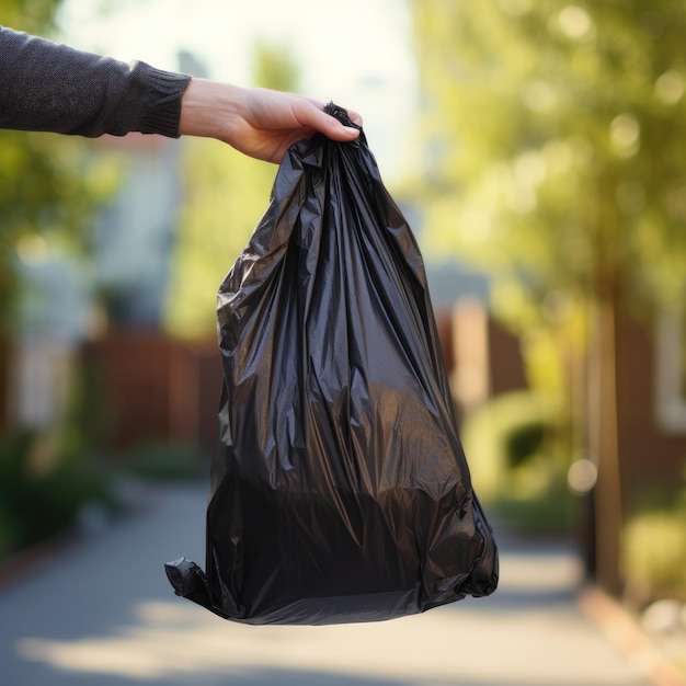 Hand hält Müll schwarze Tasche in den Müll werfen Generative Ai