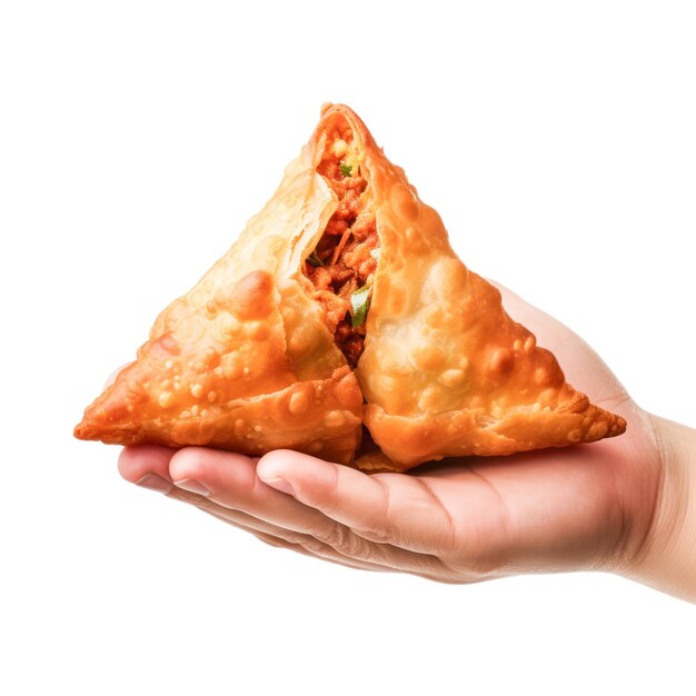 Hand hält Samosa auf weißem Hintergrund