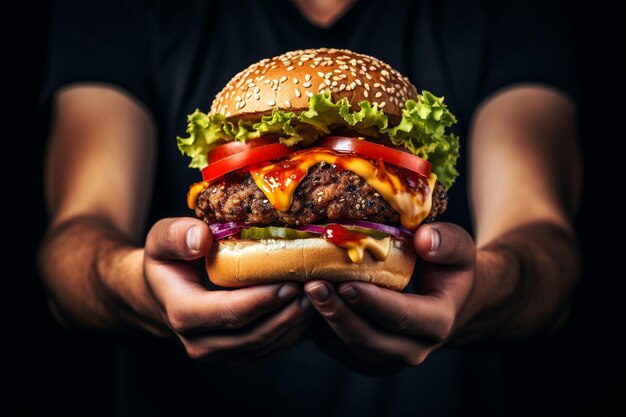 Foto hand hält schwarzen brötchenburger