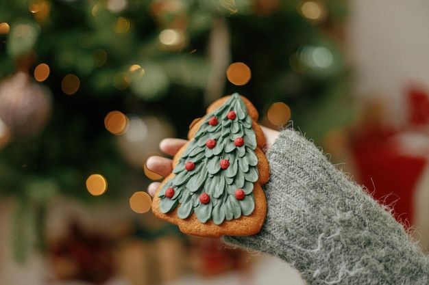 Hand hält Weihnachtsbaum-Lebkuchen auf dem Hintergrund des Weihnachtsbaums mit Lichtern Gemütliches Zuhause atmosphärische Winterzeit Frohe Weihnachten Urlaub Banner