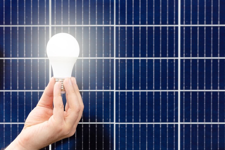 Hand hält weiße Glühbirne gegen Sonnenkollektor, Solarstation. Ideenkonzept der alternativen Energie, Technologie, Umwelt, Ökologie. Grüne Energie. Nahaufnahme mit Kopienraum.