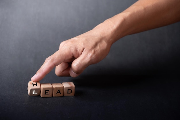 Hand hält Würfel mit Text zur Veranschaulichung von LEAD- und HEAD-Wörtern