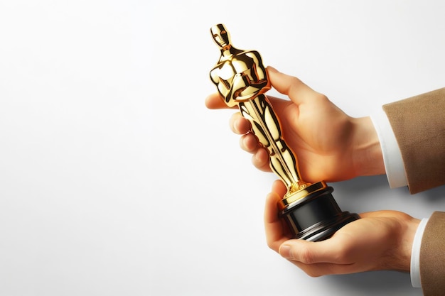 Hand halten goldene Oscar-Statue isoliert auf weißem Hintergrund, ai generativ