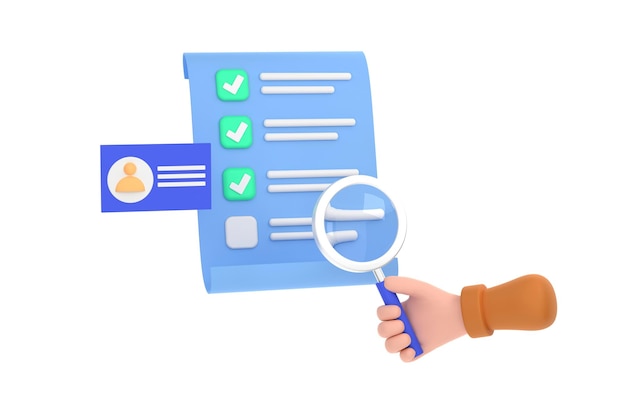 Hand halten Lupe mit Personalausweis Checkliste Papier Rekrutierung Personal Job