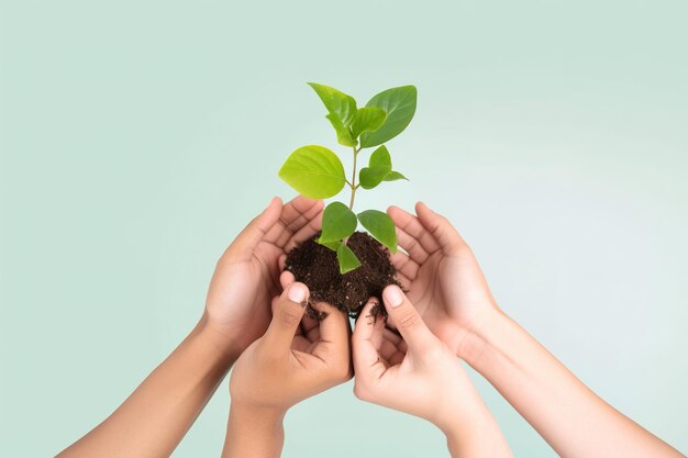 Hand halten Pflanze retten die Umweltkampagne isoliert auf grünem Pastellhintergrund