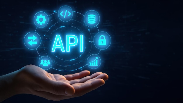 A hand holds a glowing api surrounded by ai icons symbolizing application programming interface the tech environment highlights the future of api programming