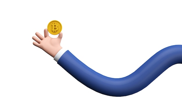 Hand im Cartoon-Stil, die eine Bitcoin-Kryptowährungsmünze hält