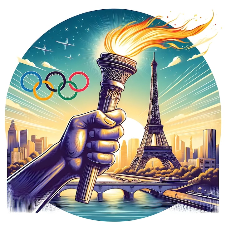 Foto hand in der flamme der olympischen fackel neben dem eiffelturm