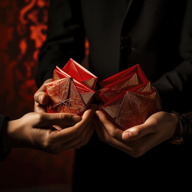 Hand in der Hand chinesische rote Umschlaggeschenk für ein glückliches chinesisches Neujahr