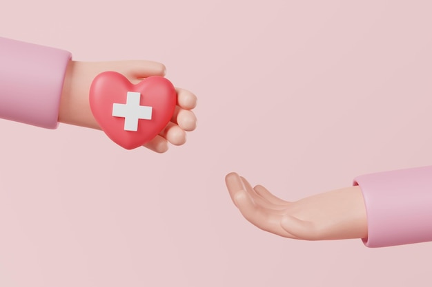 Hand in der Hand medizinisches rotes Herz auf rosa Hintergrund Blut- oder Organspende medizinische Gesundheitsfürsorge Freiwilligenkonzept 3D-Rendering
