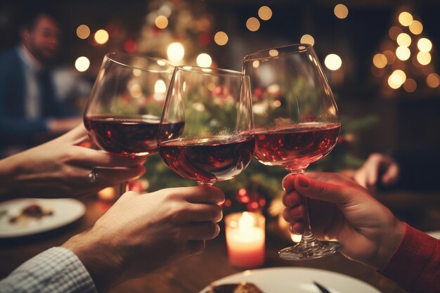 Hand in der Nähe, die Weingläser bei einer Weihnachtsfeier zu Hause trinken