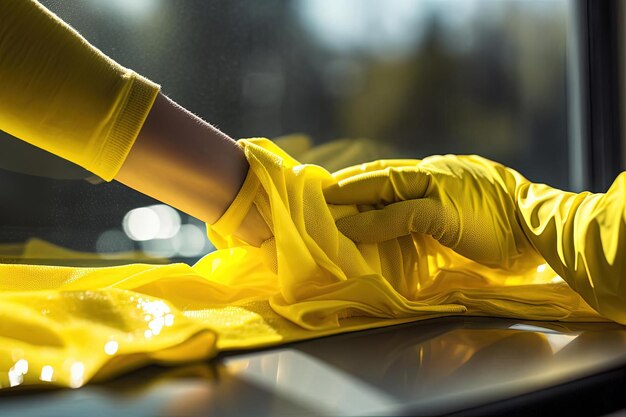 Foto hand in gelben handschuhen reinigt fenster mit tuch