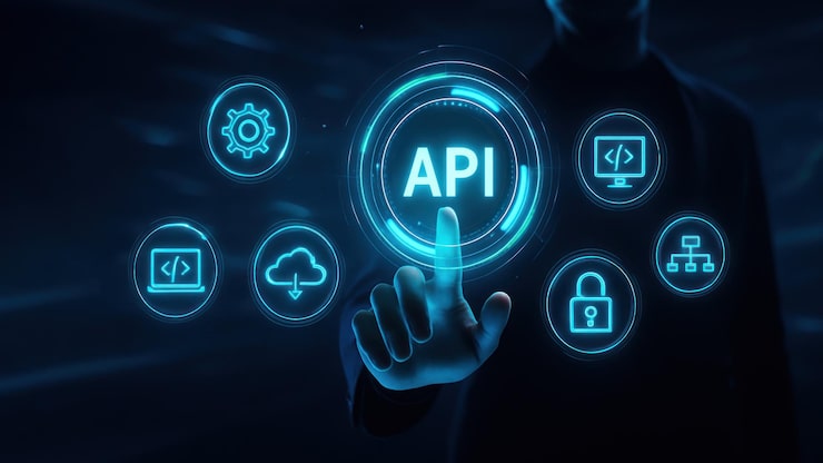 Foto a hand interacts with a floating api display in a dark space with icons symbolizing api programming and advanced application programming interface tech