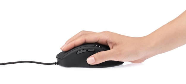 Hand klicken Computermaus isoliert auf weißem Hintergrund