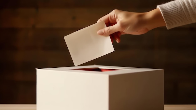 Hand legt Brief in Wahlurne mit verschwommenem Menschenhintergrund