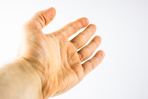 Hand-Mann auf weißem Hintergrund Menschliche Handfläche Anatomische Hand Großansicht isoliert