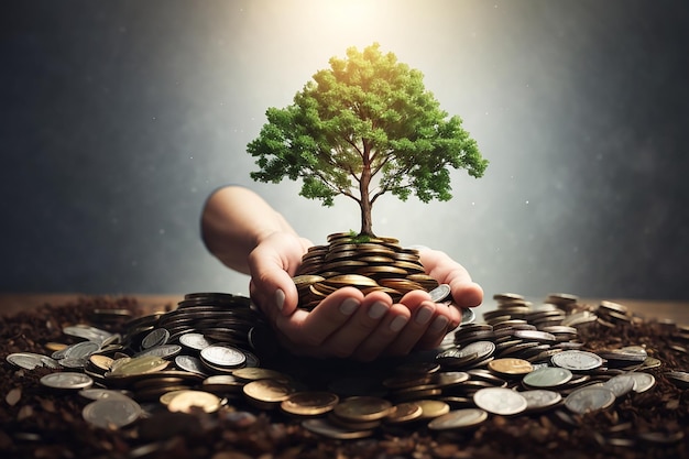 Hand mit Baum, der aus einem Stapel Münzen wächst Konzept für Geschäftsinnovation Wachstum und Geld