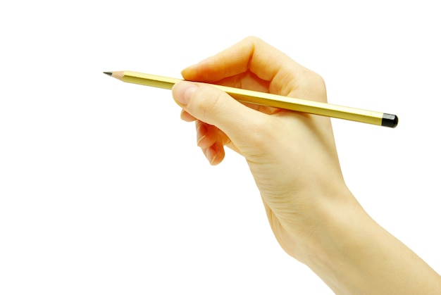 Hand mit Bleistift lokalisiert auf Weiß