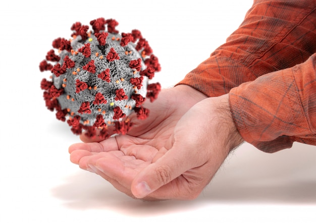 Hand mit Coronavirus-Molekül