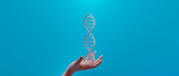 Hand mit dna menschlichen helixmolekülen zellforschung der wissenschaft biologischer mensch mit blutstrukturgenom 3d-illustrationsrendering