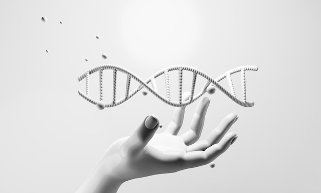 Hand mit dna menschlichen helixmolekülen zellforschung der wissenschaft biologischer mensch mit blutstrukturgenom 3d-illustrationsrendering