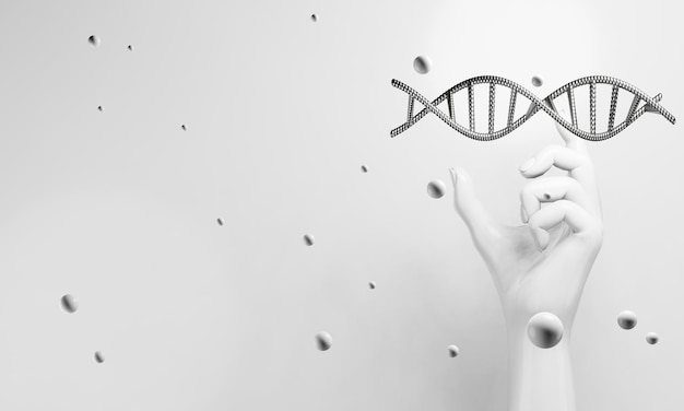 Hand mit dna menschlichen helixmolekülen zellforschung der wissenschaft biologischer mensch mit blutstrukturgenom 3d-illustrationsrendering