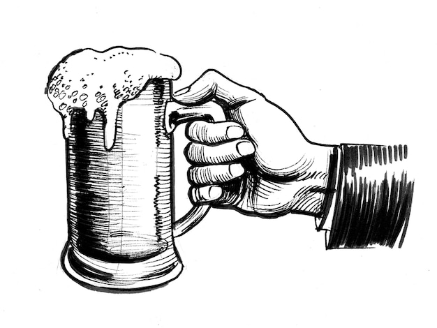 Hand mit einem Krug Bier. Tinte Schwarz-Weiß-Zeichnung