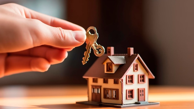 Hand mit einem Schlüssel auf dem Hintergrund des Hauses Bauprojekt Umzug in ein neues Haus Hypothekenmiete und Kauf von Immobilienkopierraum Generative KI