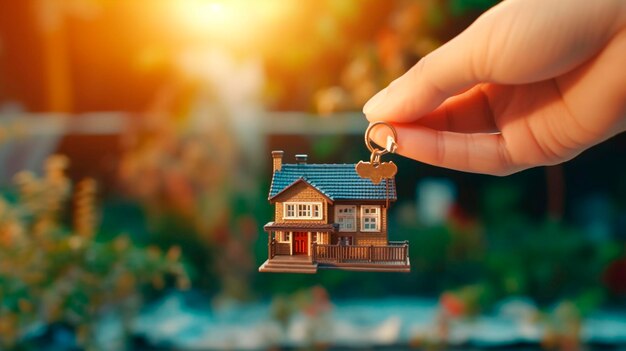 Hand mit einem Schlüssel auf dem Hintergrund des Hauses Bauprojekt Umzug in ein neues Haus Hypothekenmiete und Kauf von Immobilienkopierraum Generative KI