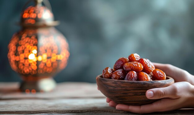 Hand mit einem Teller voller Dattelfrüchte Ramadan Laterne Dekoration Kopierraum