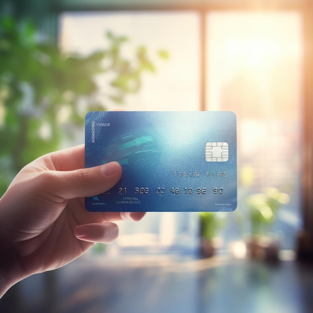 Hand mit einer blauen Kredit- oder Debitkarte in einem Einkaufszentrum Generative KI