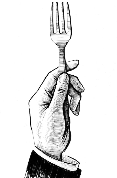 Foto hand mit einer gabel. tinte schwarz-weiß-zeichnung