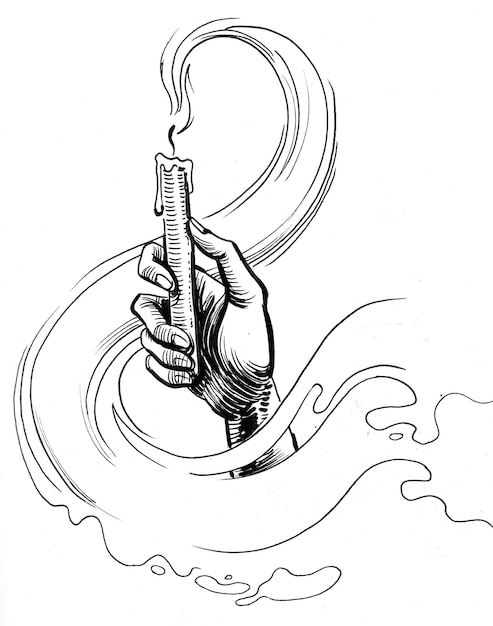 Hand mit einer Kerze. Tinte Schwarz-Weiß-Zeichnung