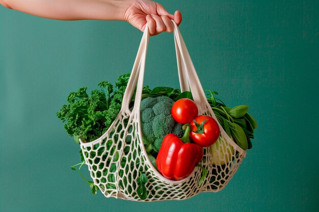 Hand mit einer Öko-Tasche Obst Nachhaltiges gesundes Einkaufen Frische und ökologische Produkte