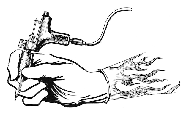 Hand mit einer Tätowiermaschine. Tinte Schwarz-Weiß-Zeichnung
