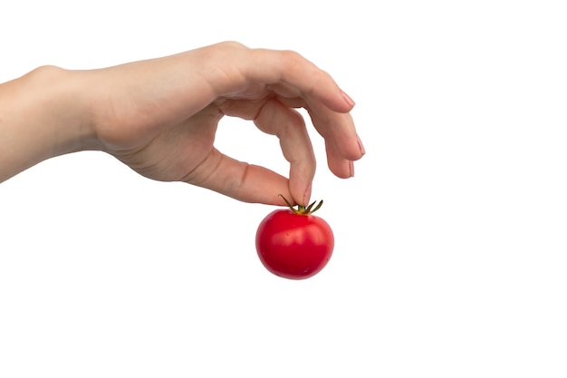 Hand mit Kirschtomaten isoliert auf einem weißen Hintergrundfoto